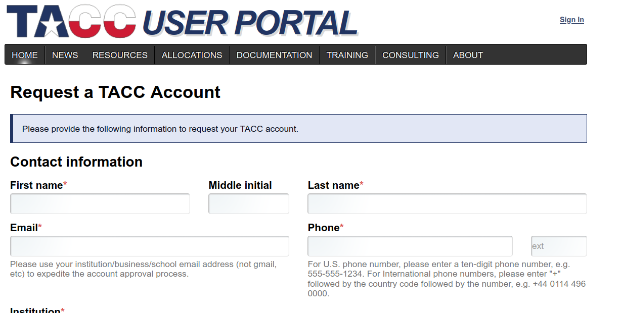 A button to create a TACC account.
