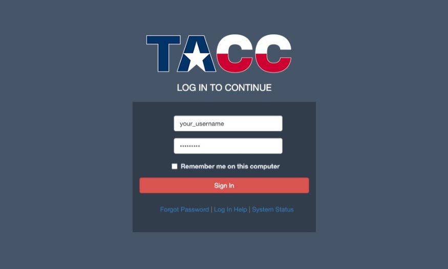 The TACC login form.