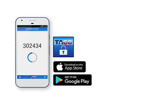 A illustration of a mobile phone, a temporary token on its screen, the TACC logo, and references to visit Apple's or Google's app marketplace.
